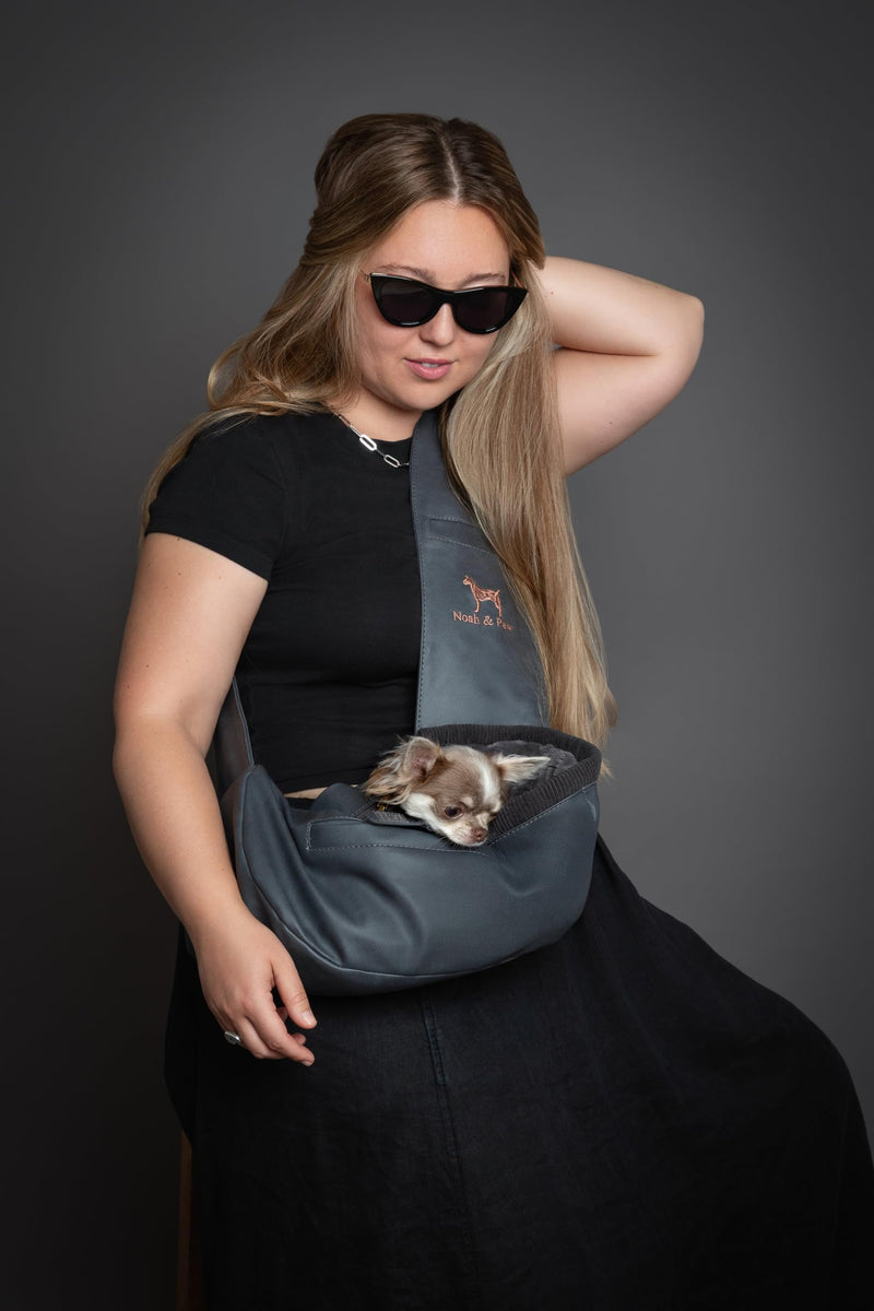 Noah & Paw Dog Sling Carrier for Small Dogs 3-10lb, Dog Sling for Small Dogs and Cats, Dog Carrier with Adjustable Padded Strap, Vegan Leather Lined with Fur, 3x Safety Features, Machine Washable Charcoal 38 cm L x 15 cm W x 14 cm H