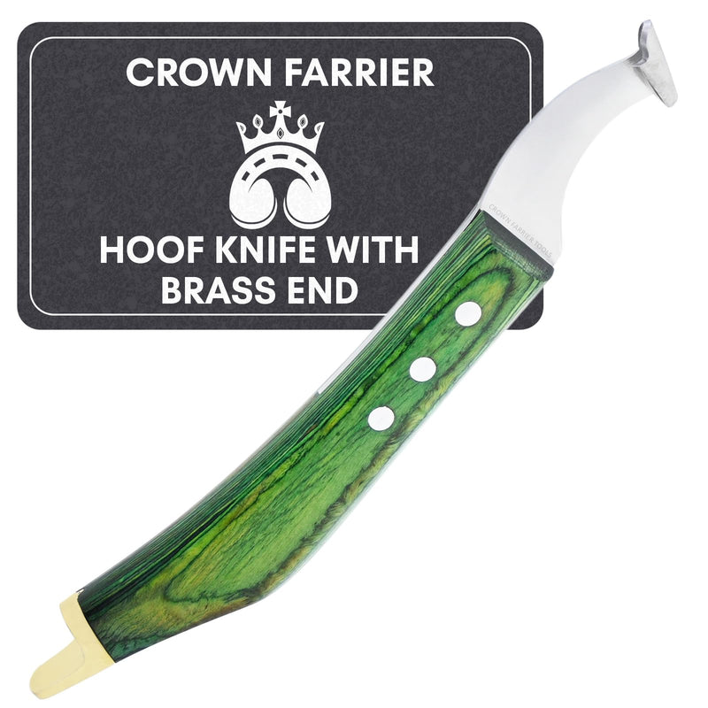 – Super Sharp Hoof Knife with Brass End | Precision-Sharpened Stainless Steel Blade & Wooden Handle | Pro Farrier Hoof Trimming Tool for Horses & Equine (Green, Left-Hand) Green