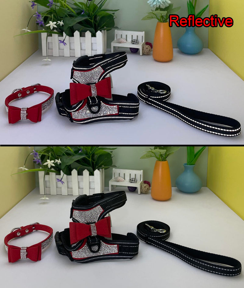 3pcs Bow Ties Bling Cute Dog Harness and Dog Collar with Lead for Dog - Red - S - PawsPlanet Australia