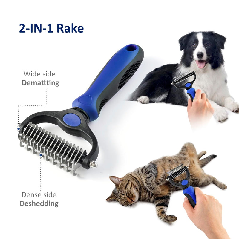 WePet Grooming Rake for Dogs & Cats, Double-Sided Deshedding Brush, Extra-Wide Dematting Tool, Slicker Comb for Undercoat & Loose Hair Removal, Reduces Shedding by 95%, Blue, Small