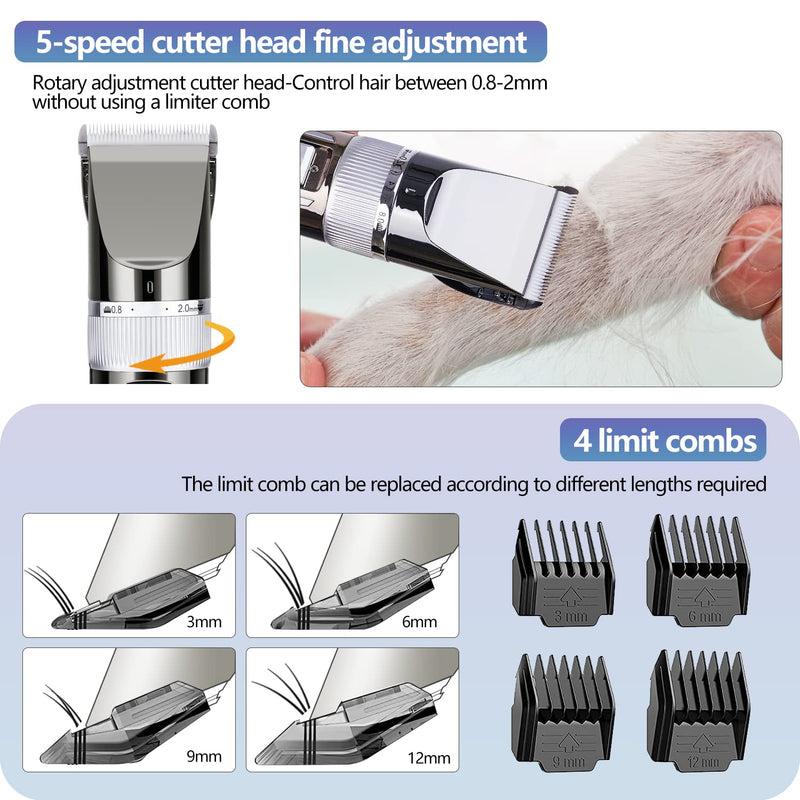 12V Professional Dog Clippers for Grooming, Electric Sheep Shears Pet Grooming Clippers for Thick Coat Heavy Duty Animal Hair Fur Trimmers Shaver Silver - PawsPlanet Australia