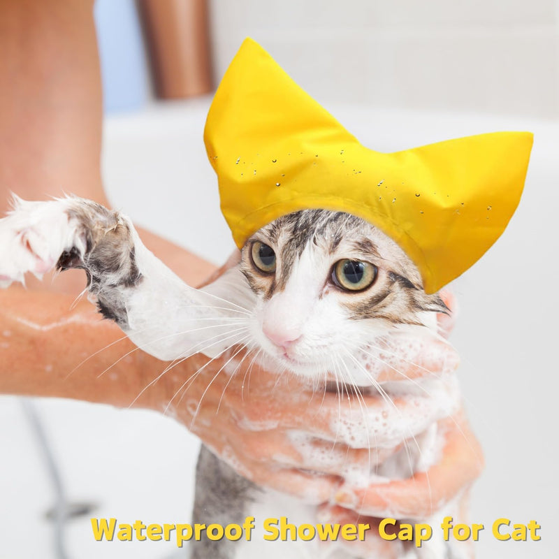 Pet Shower Cap - Waterproof Shower Caps for Sphynx Reusable Cats Ear Protection Bath Cap with Adjustable Strap Ear Covers for House Cats Small Dogs Puppy Pet Grooming Accessories (Yellow) Yellow - PawsPlanet Australia