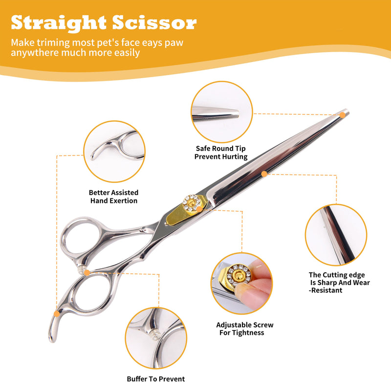 7 Inch Professional Dog Grooming Scissors Kit, 6-in-1 Grooming Scissors for Dogs, Pet Grooming Shears Set, Straight Scissor & Thinning Shear & Curved Scissor & Chunker Shear (Silver) Silver - PawsPlanet Australia