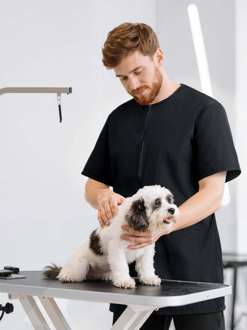 SOMSOC 2 Pack Waterproof Pet Grooming Workwear Short Sleeve Drawstring Zipper Anti Static Uniform with Pocket for Men Women X-Large - PawsPlanet Australia