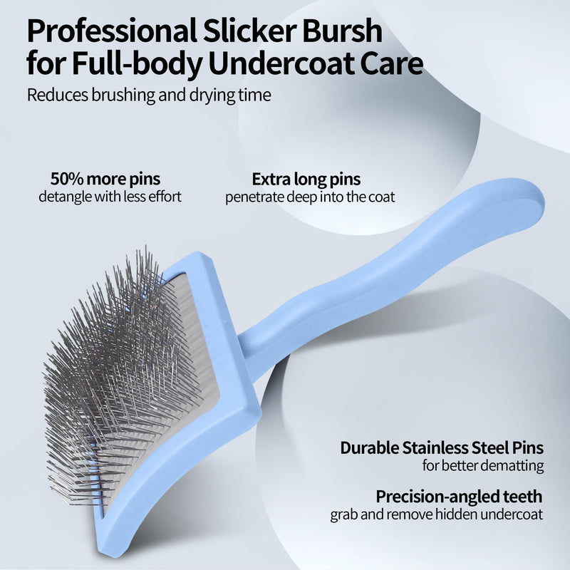 Pet Slicker Brush for Long & Short Hair - Detangling Tool for Dogs & Cats - 135° Angled Stainless Steel Pins, Curved Handle - Gentle Grooming for Small/Medium/Large Breeds (Blue) Blue - PawsPlanet Australia