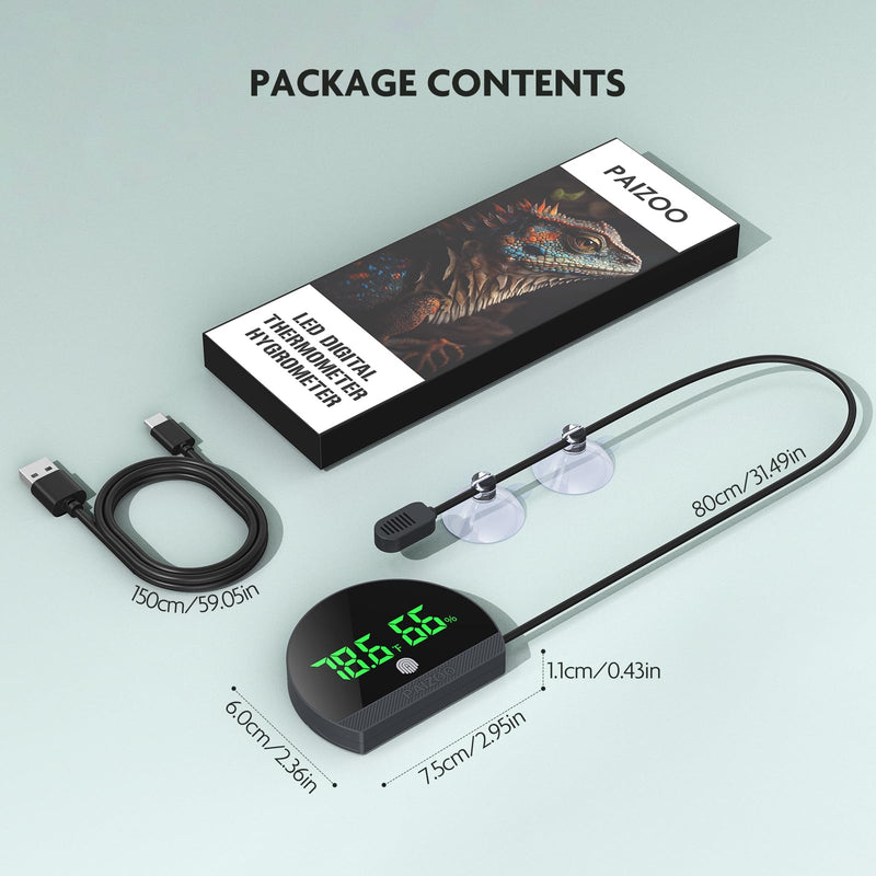 PAIZOO Reptile Thermometer Hygrometer, LED Reptile Tank Thermometer and Humidity Gauge, Rechargeable Digital Hygrometer for Reptile Tank Accessories, Switch Between ℉/℃, Always-on Display Mode - PawsPlanet Australia