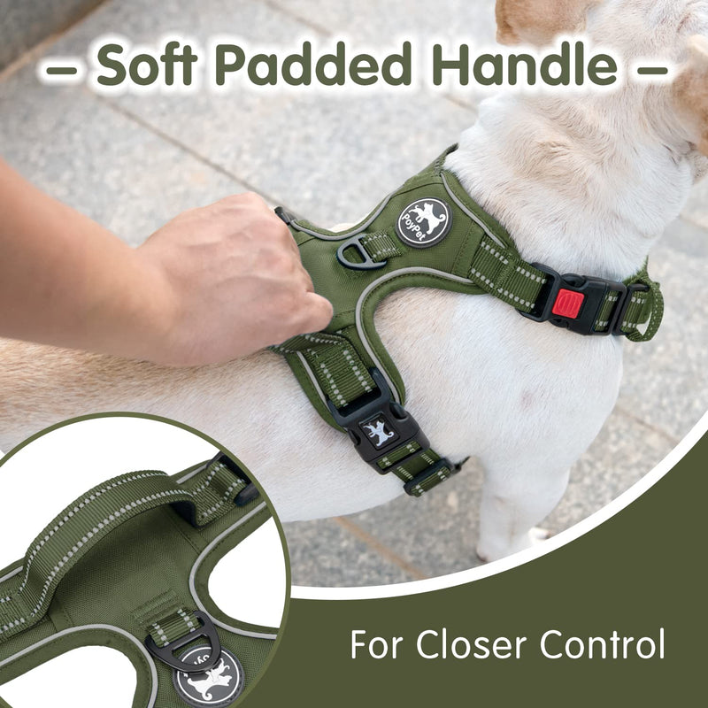 PoyPet No Pull Dog Harness and 5 Feet Leash Set, Release on Neck Reflective Adjustable Pet Vest, Front & Back 2 D-Ring and Soft Padded Pet Harness with Handle for Small to Large Dogs(Military Green,L) L Military Green - PawsPlanet Australia