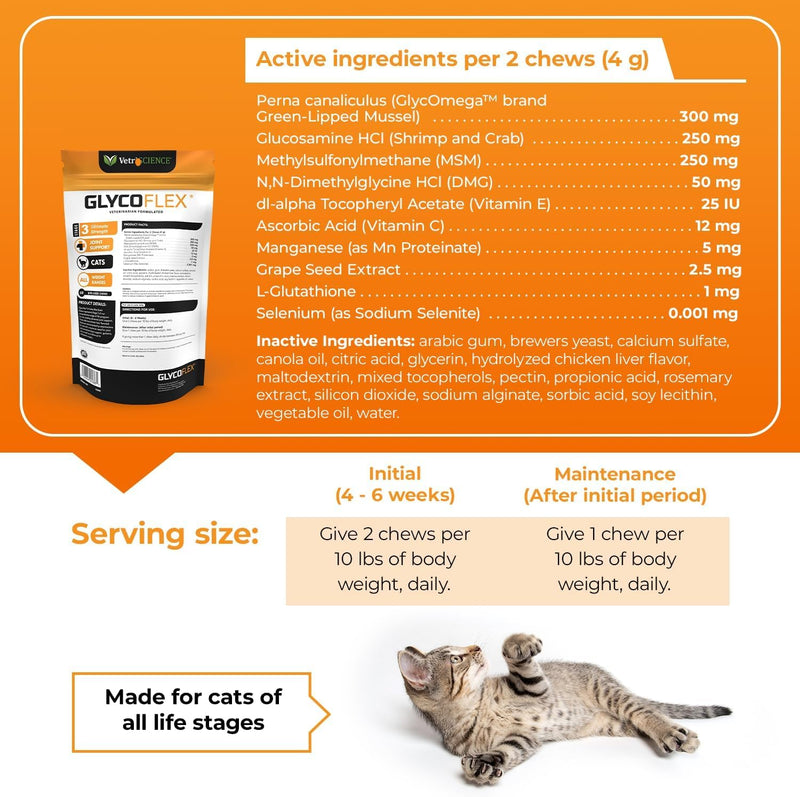 VetriScience GlycoFlex 3, Clinically Proven Joint Support Cat Supplements - Hip and Joint Health Supplement with Glucosamine, MSM, Green Lipped Mussel & DMG - 60 Chews, Chicken Flavorâ€‹