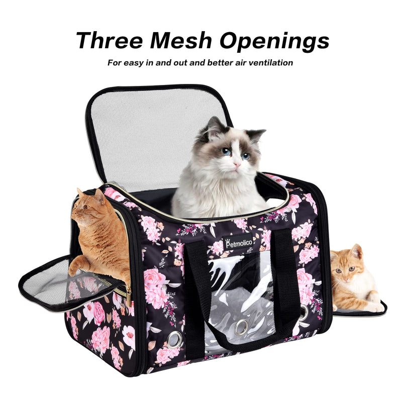 Petmolico Cat Carrier Soft-Sided Pet Bag for Small Medium Cats Puppies 16LBs - Airline Approved Pet Travel Carrier 3 Open Doors (Medium,Pink Peony) Pink Peony