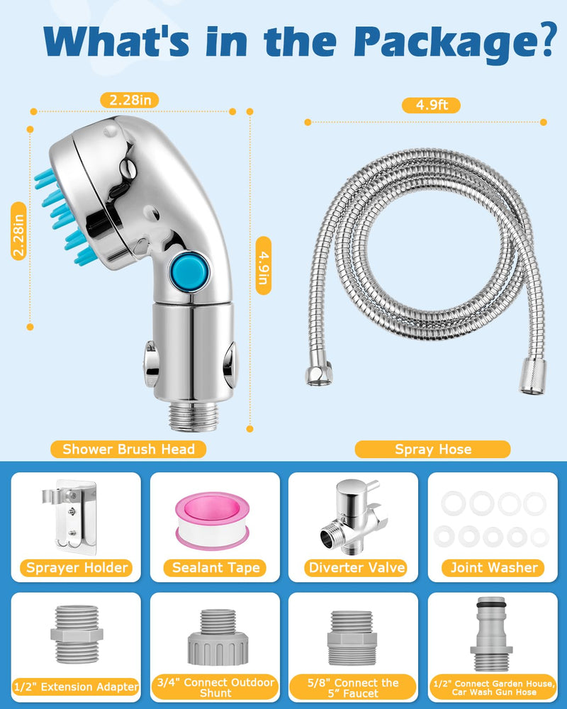 Dog Shower Attachment, Dog Washing Hose Attachment with Diverter Valve, Dog Shower Brush Dog Shower Attachment for Bathroom Shower Arm, for Pet Bathing, Massaging & Grooming, Indoor & Outdoor - PawsPlanet Australia