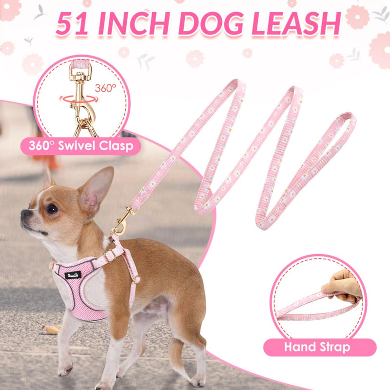 SlowTon Small Dog Harness - No Pull Dog Harness and Leash Set, Soft Mesh Lightweight Puppy Vest Harnesses, Adjustable Pet Harnesses for XXS XS Small Medium Easy Walk Hiking (Pink, XXS) XX-Small 1.Pink Daisy - PawsPlanet Australia