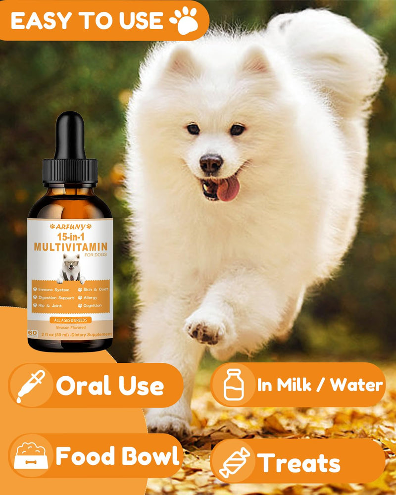 15 in 1 Multivitamin for Dogs | 60ML Dog Multivitamin Liquid Support Joint, Gut & Immune Health | Dog Liquid Vitamins for Digestion, Heart, Skin & Coat | Vitamin Supplements for Dogs | Bacon Flavor - PawsPlanet Australia