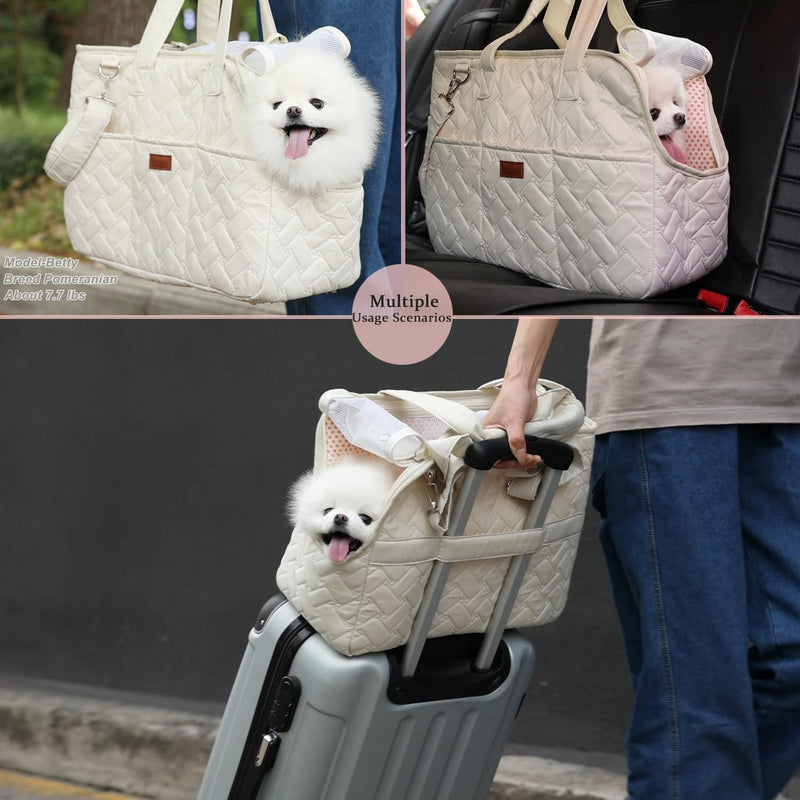 HSC PET Beige Small Dog Bag Woman,Cat Carrier Quilted Pet Soft Sided Leisure Pups Totes Traveling Go to Vet,Pet Function Handbag with 3 Pockets,12 lbs Puppy/15 lbs Cat or Kittens 16.1"L x 11.8"W x 7.1"H - PawsPlanet Australia