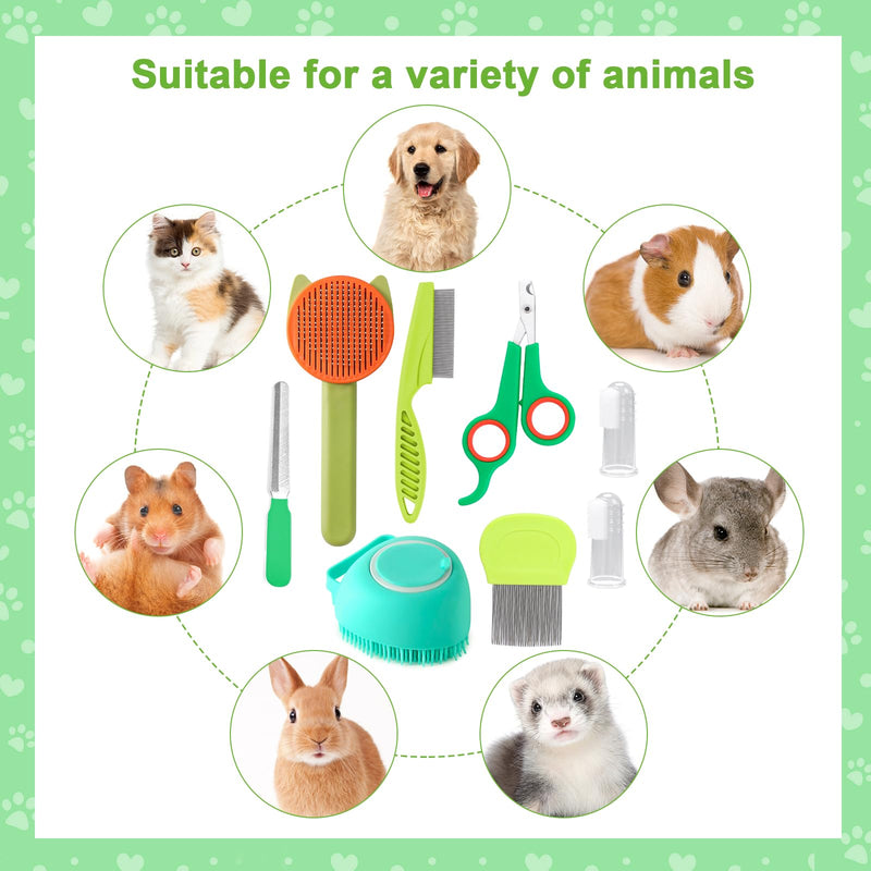 VCZONE 8 Pcs Cat Brush Grooming Kits, Pet Self Cleaning Kit with Pet Nail Clipper and File, Flea Comb, Pet Shampoo Bath Brush, Pet Shedding Brush, Silicone Toothbrush (Green) Green - PawsPlanet Australia