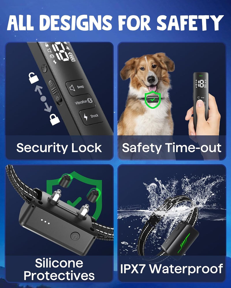 Dog Shock Collar Training Collar with Remote, Shock Collar for Large Medium Small Dogs, Waterproof E-Collar with 3 Modes, Light Mode 1-Black - PawsPlanet Australia