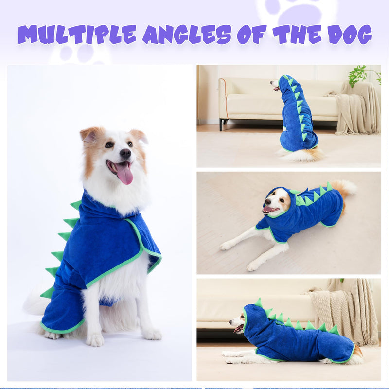 Super Absorbent Dog Bathrobe, Microfiber Bath Robe Towel for Fast Drying, Cozy Fit, Adjustable Belly Strap, Unique Dinosaur Design Dog Drying Coat for Bath, Rainy Walks & Cold Weather Blue, Green edging XX-Large - PawsPlanet Australia