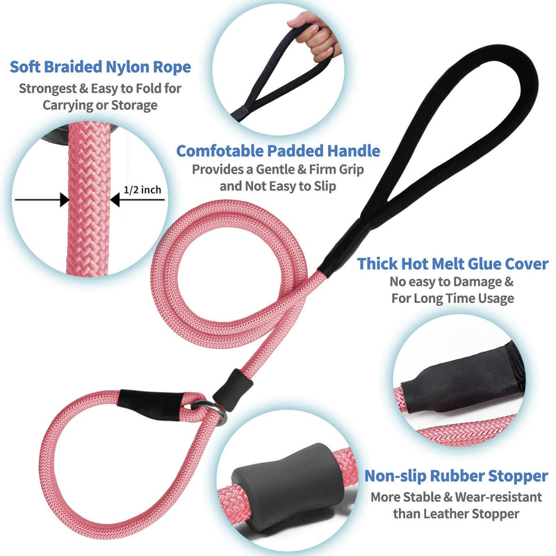 Strong Slip Rope Dog Training Leash (4ft) - Heavy Duty Durable Braided Nylon Lead with Rubber Stopper & Padded Handle - No Pull Walking for Medium Large Dogs (Pink, 1/2" x 4ft) Pink - PawsPlanet Australia
