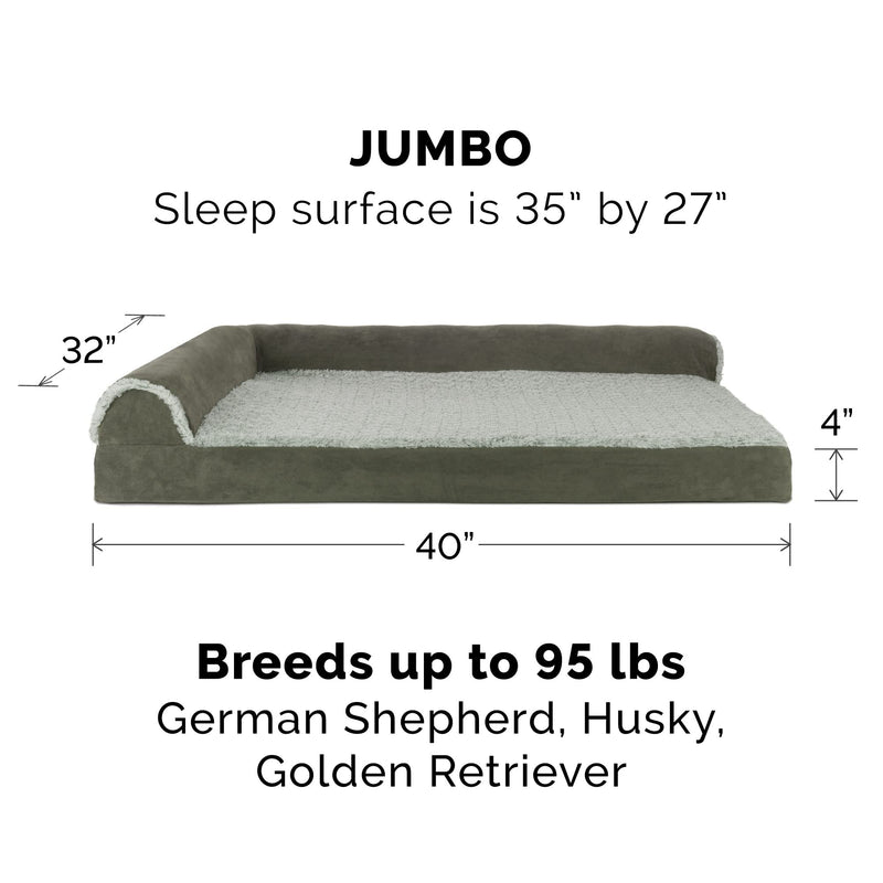 Furhaven Replacement Dog Bed Cover Two-Tone Faux Fur & Suede L Shaped Chaise, Machine Washable - Dark Sage, Jumbo (X-Large) - PawsPlanet Australia