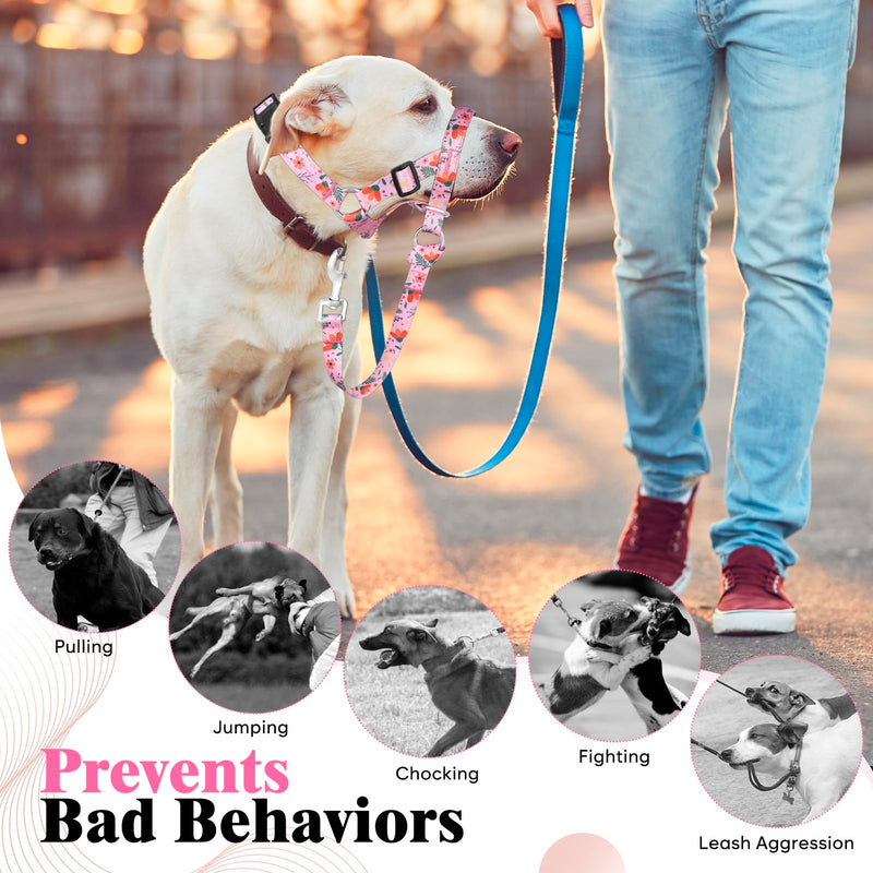 HIGO Dog Head Collar, Adjustable Head Collar for Dogs, No Pulling Head Halter, Training Nose Leash, 3 Pattern Muzzle Leash for Small Medium Large Dogs Easy Walking (Pink, L) Pink - PawsPlanet Australia