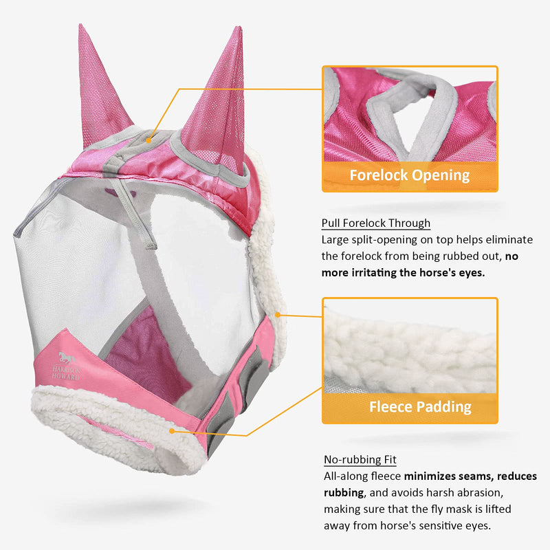 Harrison Howard CareMaster Horse Fly Mask UV Protective Fine Mesh with Extra Wool Soft Touch on Skin Light Pink XL