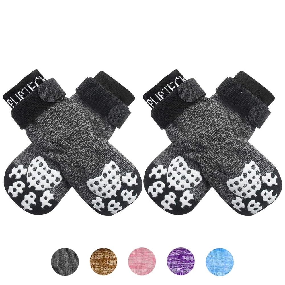 PUPTECK Anti-Slip Dog Socks with Double Sides Grips for Small Medium Large Dogs Hardwood Floors Prevents Licking, Dog Shoes for Hot Pavement Traction Control Paw Protector for Senior Dogs, Grey L Large (2 Pair)