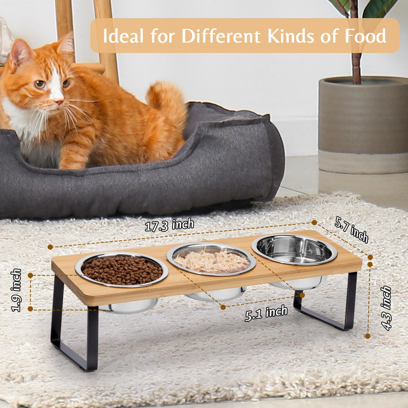 Elevated Cat Bowls for Food and Water - Loplurea 15° Tilted Raised 3 Stainless Steel Cat Food Bowl Feeder, with Bamboo Stand and Anti Vomit Feeding Station for Indoor Kittens and Pet 3 Bowls Wood Color - PawsPlanet Australia