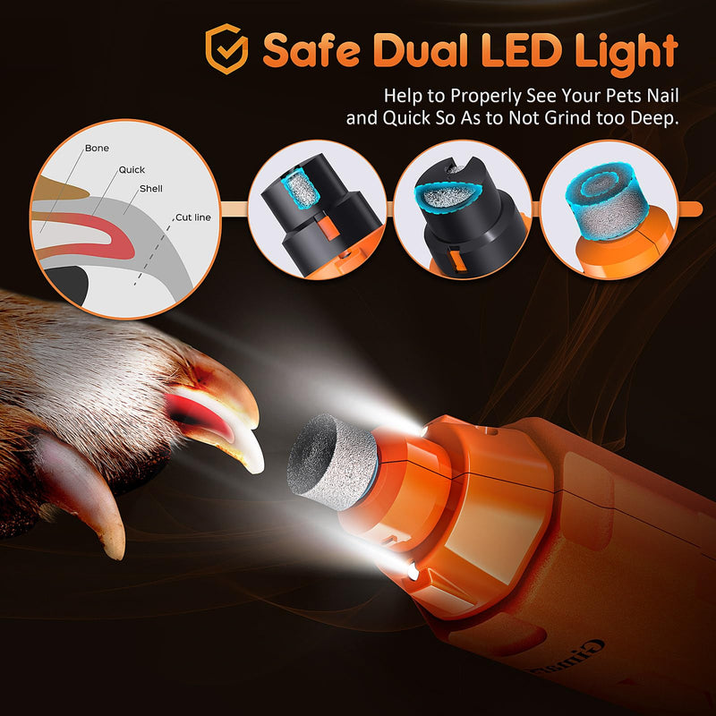 Gimars Upgrade Super Quiet Adjustable 6 Speed Powerful 12000rpm Allow All Controll Dog Nail Grinder 45 db Dual LED Light Pet Nail Grinder USB Rechargeable 3 Ports Nail File for Large Medium Small Dog Orange - PawsPlanet Australia