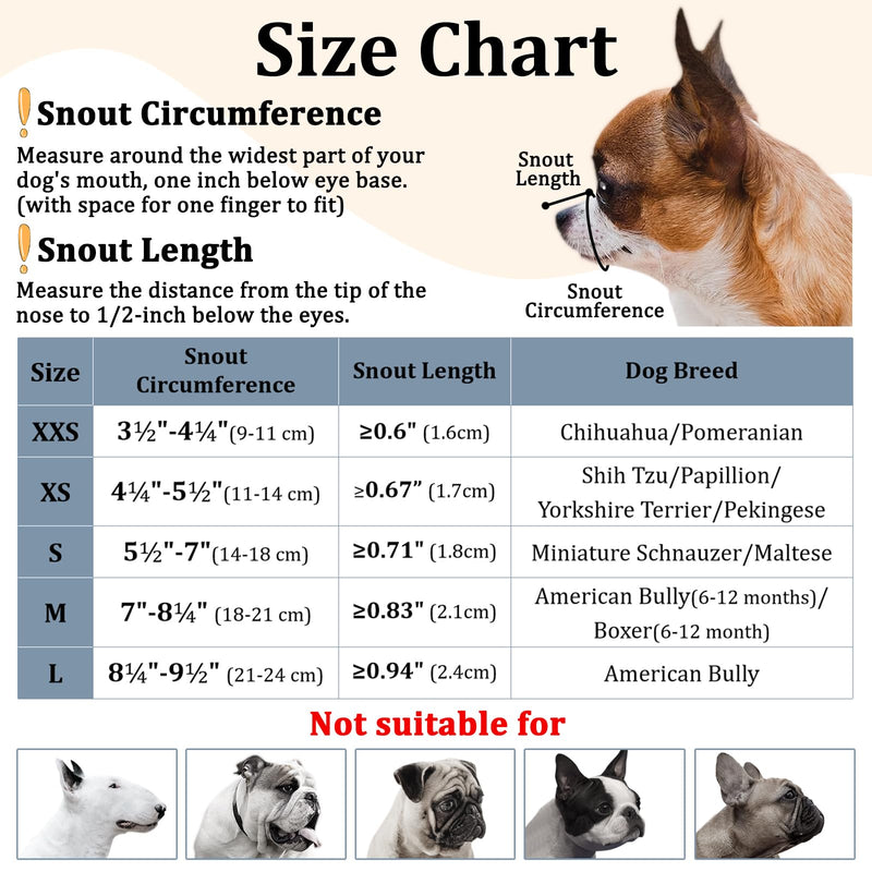 Mayerzon Short Snout Dog Muzzle, Small Muzzle for Chihuahua Shih Tzu American Bully Boxer Puppy, Soft Fabric Muzzles for Grooming Vet Visits, Prevent Biting Chewing Fighting Grey XXS [Snout Cir: 3.5-4.25"]