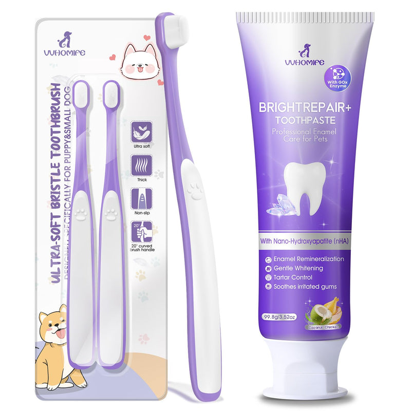 Tiny Dog Toothbrush for Small Dogs 2pcs + 6% nHA Pet Dual-Enzymatic Toothpaste
