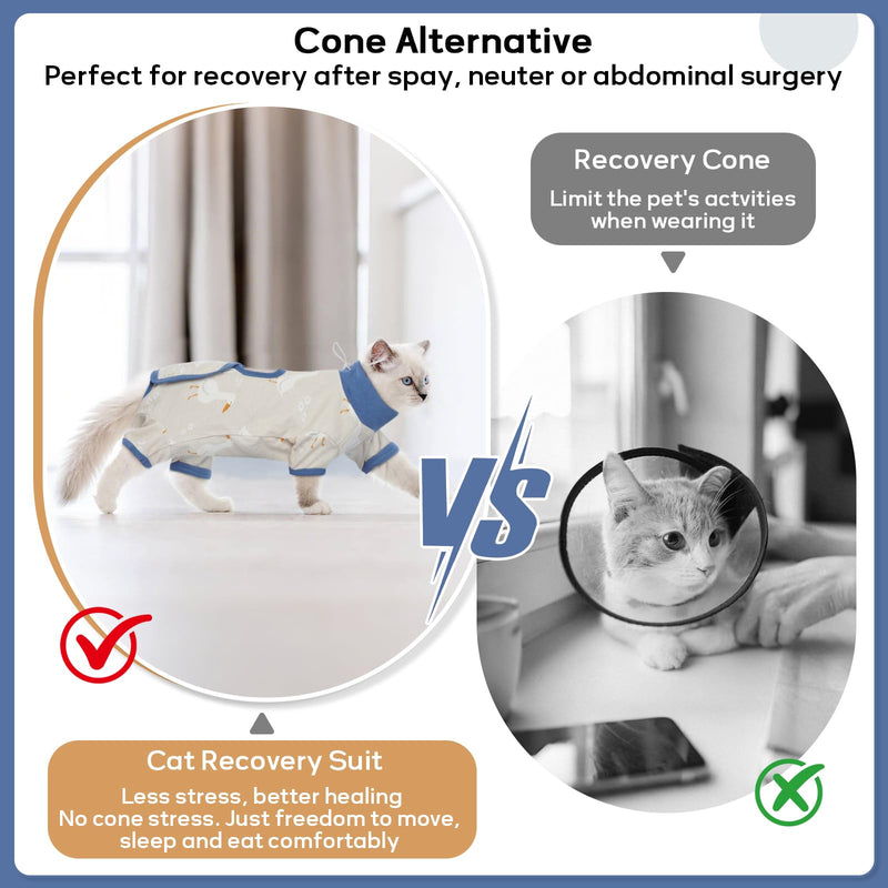 QBLEEV Cat Recovery Suit for Post Surgery, Spay Neuter Suit for Cats, Soft Stretchy Cotton Cat Onesie for Skin Diseases, Anti-Lick Surgical Shirt Pajamas for Abdominal Wound, Kitten Cone Alternative Blue Medium
