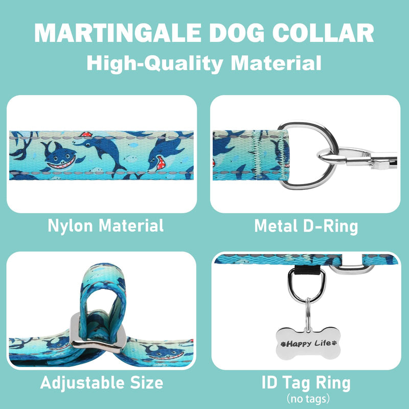 Reflective Martingale Collar for Dogs Nylon Training Collar with No Buckle, No Pull Boy Male Dog Collar for Medium Dogs（Green Shark，M） Green Shark