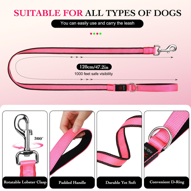 4FT LED Dog Leash – Rechargeable Light Up Dog Lead with Dual-LED Glow, Reflective Nylon, Waterproof Glow Dark Leash with Padded Handle for Small Medium Large Pets Night Walking-Pink Pink - PawsPlanet Australia