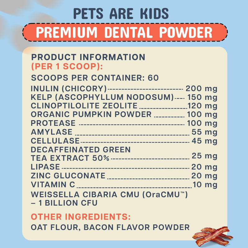 Pets Are Kids Dog Dental Powder | Premium Breath Freshener with OraCMU™ Probiotic for Gut Support | Easy-to-Mix Dog Teeth Cleaning Powder | Fights Bad Breath, Tartar & Plaque | Bacon Flavor, 60 Scoops - PawsPlanet Australia