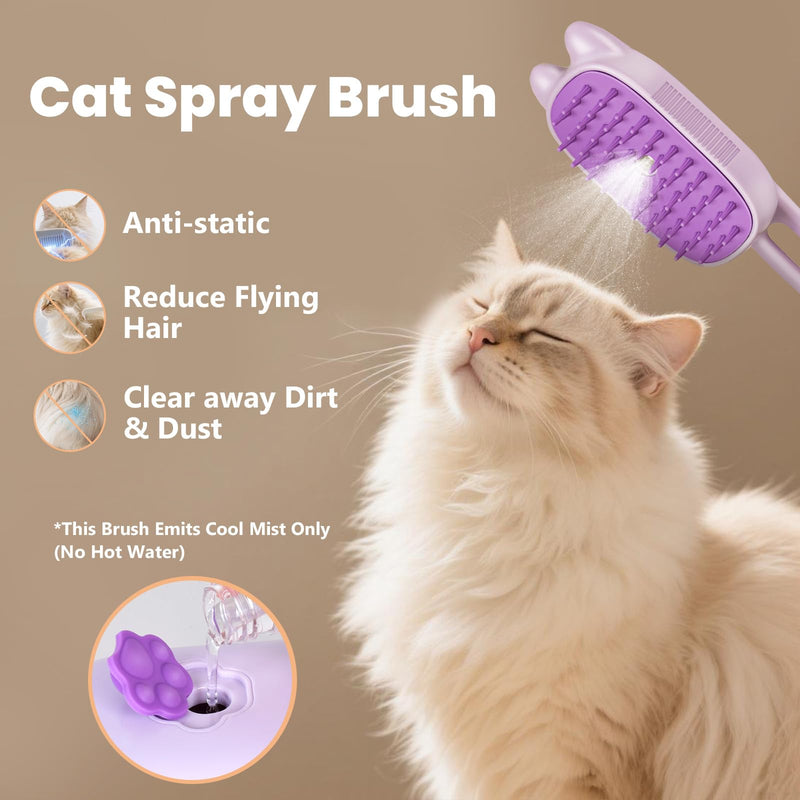 Rechargeable Cat Steam Brush with Mist Spray, 3-in-1 Pet Steam Brush for Long and Short Haired Cats and Small Dogs, Anti-Static, De-Shedding, Detangling, Massage, Purple Cat Design - PawsPlanet Australia