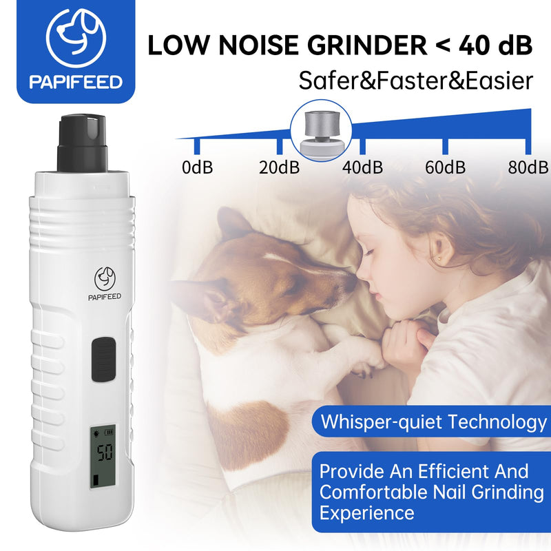 PAPIFFEED Dog Nail Grinder with LCD Display – Quiet Electric Nail Trimmer with Dual LED Light, Safe for Black & Thick Nails, Rechargeable for Small Medium Large Dogs & Cats (White) White
