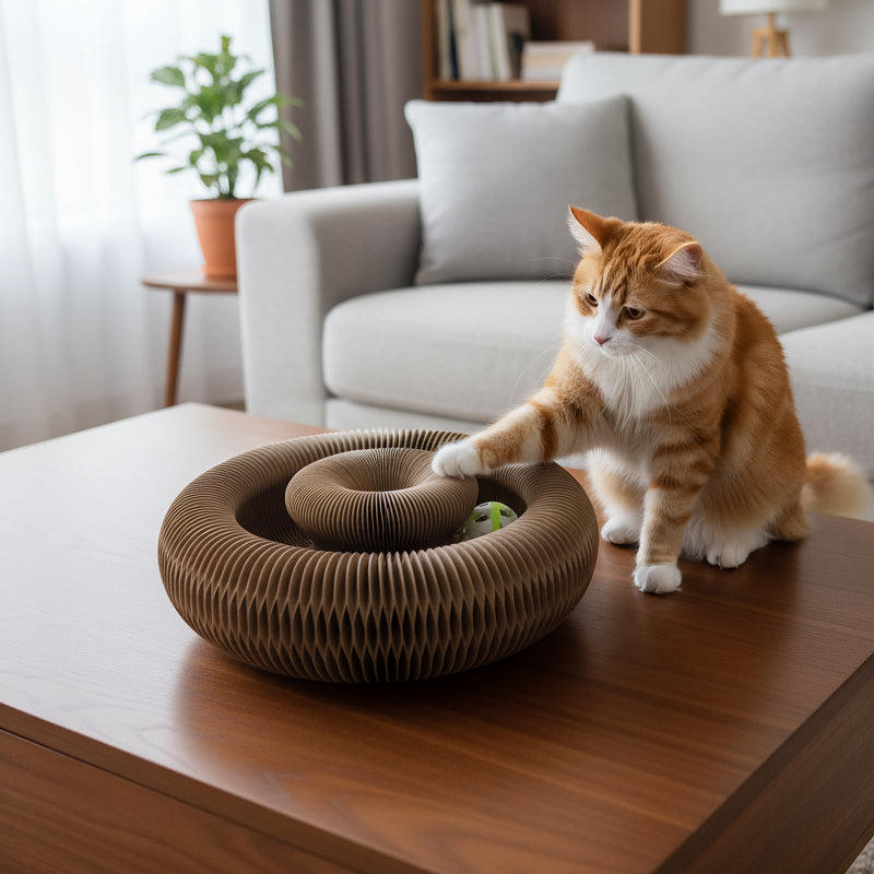 Corrugated Paper Cat Scratcher Track with Rolling Ball - Scratch-Resistant, Interactive, Pet-Safe for Feline Play & Claw Care Animal Print - PawsPlanet Australia