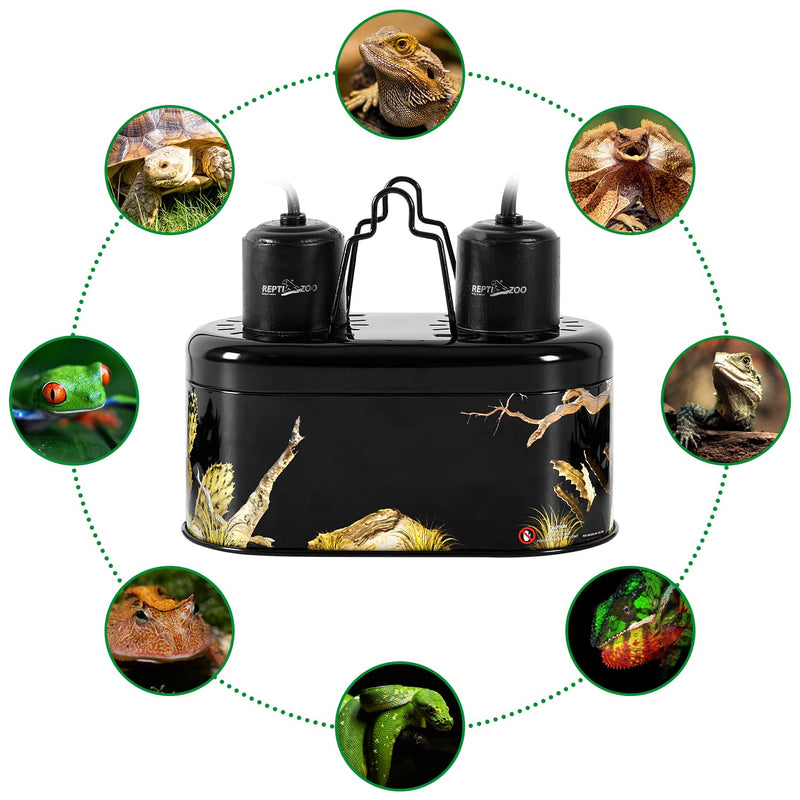 REPTI ZOO Nano Combo Print Tropical Desert Reptile Dual Deep Dome Lamp Fixture for Reptile Max 40 Watts Max Bulb Height 4 in Per Socket UVB Light Fixture Dual Lamp Cap Combo Integration Design - PawsPlanet Australia