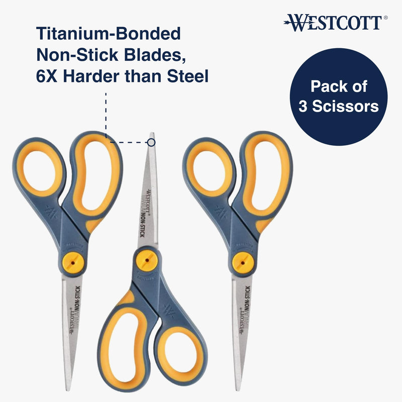 Westcott 8-Inch Non-Stick Titanium Scissors For Office and Home - Glide Adjust Technology - Grey/Yellow Craft, Fabric Scissors - 3 Pack 8-inch (3-Pack) - PawsPlanet Australia