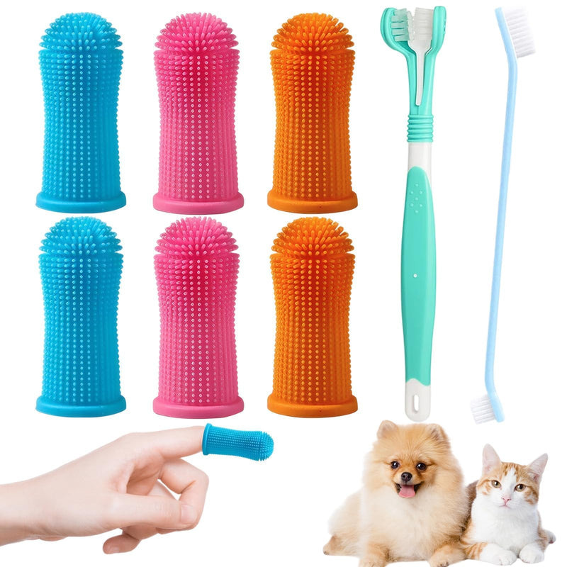 Dog Toothbrush, Dog Toothbrush, 8-Piece Set with Finger Toothbrushes and Double-Headed Toothbrush, Multi-Angle Teeth Cleaning Set for Small, Medium and Large Pets