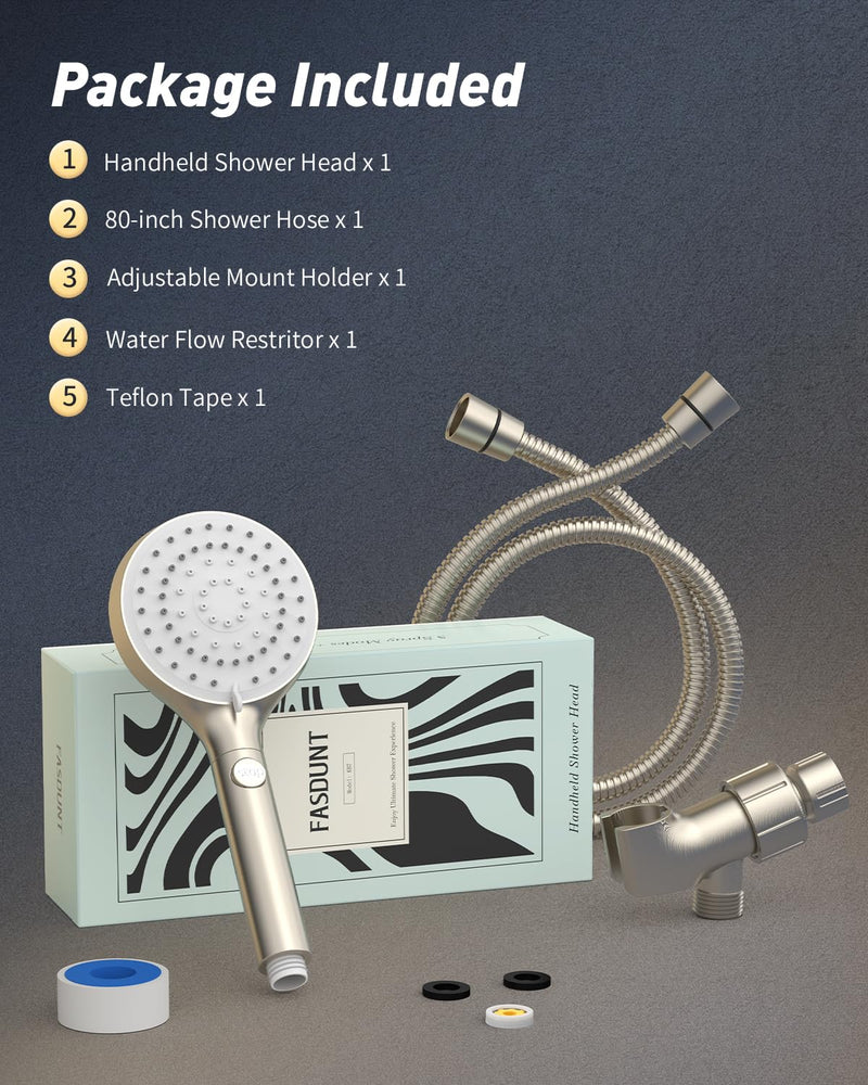FASDUNT Shower Head with Handheld, High Pressure Handheld Shower Head with 80" Extra Long Stainless Steel Hose & Adjustable Bracket, Showerhead with ON/OFF Switch for Pets Bath, Brushed Nickel 6 Spray-Settings - PawsPlanet Australia