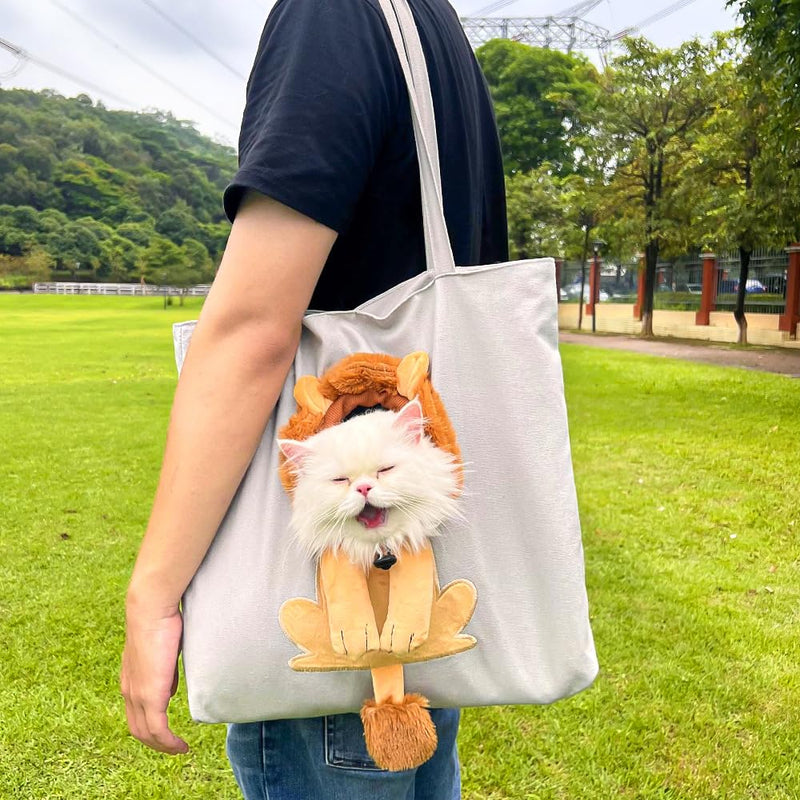 Lion-Shaped Pet Canvas Shoulder Bag Portable Cat Carrier Tote Bag Breathable Dog Carrying Case Outdoor Travel Handbag for Small Cat Dog Pet light grey - PawsPlanet Australia