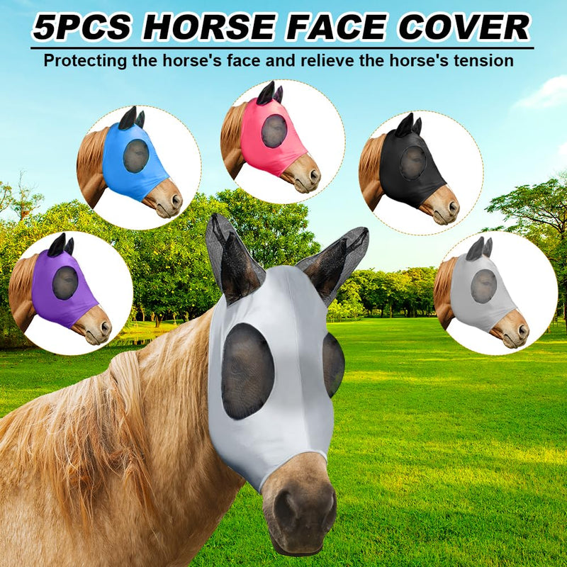 5 Pcs Horse Fly Mask with Ears Protection, Breathable Elastic Fabric Horse Full Face Coverage Mask with Eyes Protection and UV Sunlight Protection for Small Size Mini Horses (5 PCS) 5 PCS