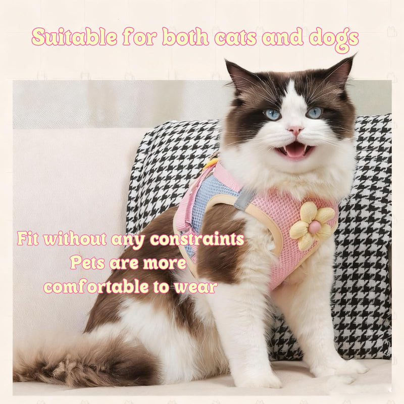 Floral Mesh Dog Harness with Matching Leash, Summer Lightweight Pet Vest, Pink/Yellow (Pink, M:8-12lbs) - PawsPlanet Australia