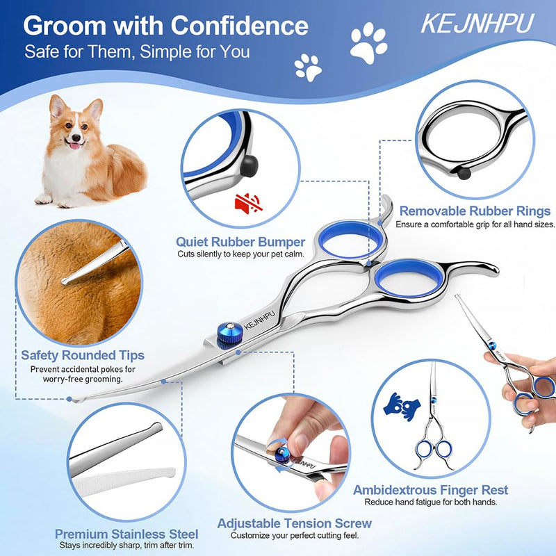 Professional Dog Grooming Kit 6.8 Inches, Curved Dog Grooming Scissors with Safety Round Tips, Dog Scissors for Grooming for Face, Paws & Ears at Home - Right & Left Handed - PawsPlanet Australia