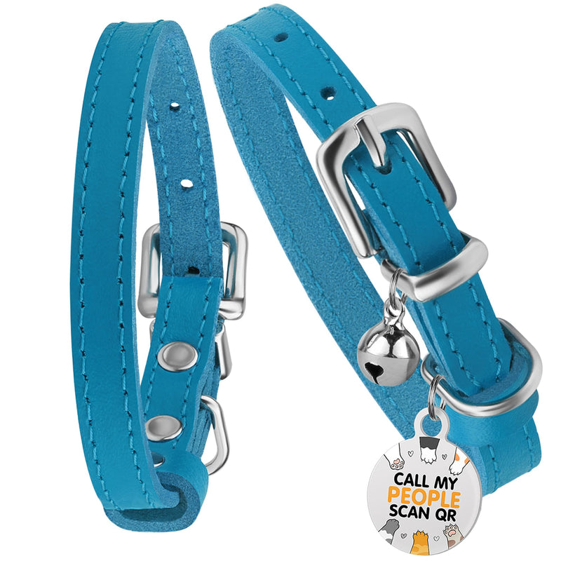 BRONZEDOG Leather Cat Collar with Bell Non Breakaway Kitten QR Tag for Girl Boy (7" - 9" for Cats, Blue & Silver) 7 - 9 inch - PawsPlanet Australia