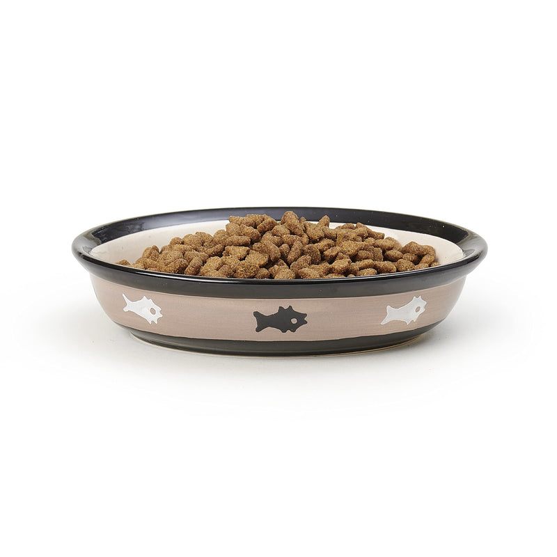 PetRageous 10070 Oval City Pets Stoneware Cat Bowl 6.25-Inch Wide and 1.5-Inch Tall Saucer with 1-Cup Capacity and Dishwasher and Microwave Safe is Great for Cats, Black and Brown