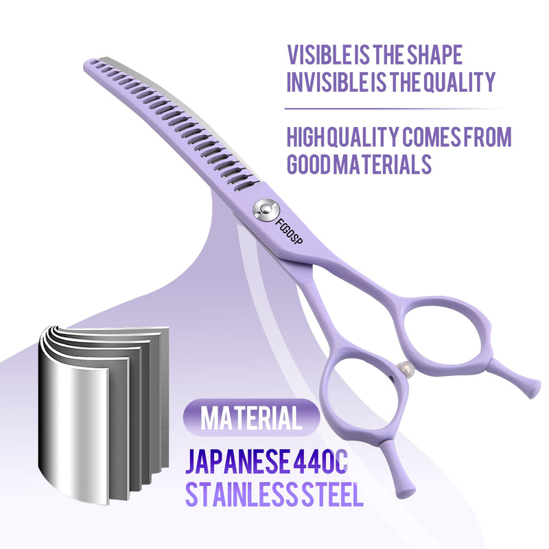 Curved Chunkers Dog Grooming Scissors 7" Macarone Series Professional Pet Grooming Shears for Dogs Pets Japan 440C Stainless Steel Sharp & Durable(Purple, 27Teeth Curved Thinners) 7.0 in Curved Chunkers Macaron Purple - PawsPlanet Australia