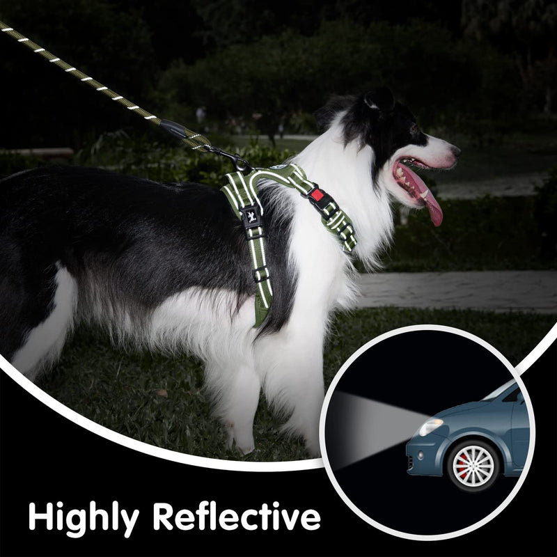 PoyPet No Pull Dog Harness and 5 Feet Leash Set, Release on Neck Reflective Adjustable Pet Vest, Front & Back 2 D-Ring and Soft Padded Pet Harness with Handle for Small to Large Dogs(Military Green,L) L Military Green - PawsPlanet Australia