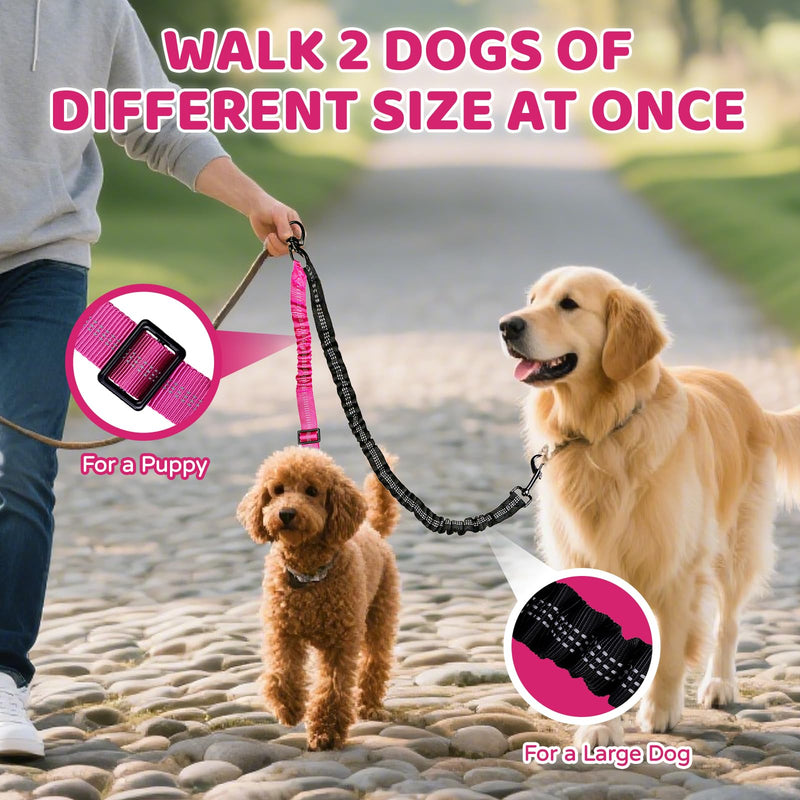 Double Dog Leash Coupler-360° Swivel, No Tangle Dual Walking Leash Attachment with Adjustable Strap & Reflective Shock Absorbing Bungee, Split Lead for Two Different Size Dogs - PawsPlanet Australia