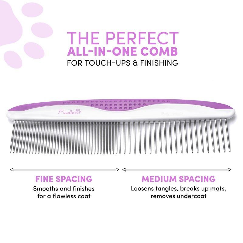 Poodle Pet Dog Combs for Grooming | 2 Pack | Stainless Steel Teeth Easily Remove Dirt | Proper Care Prevents Knots and Mats for Long and Short Haired Pets | Anti-Slip Comfort Grip Handle (Purple) Purple